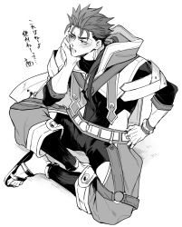 Rule 34 | 1boy, blush, bracelet, cosplay, cu chulainn (fate), fate/grand order, fate (series), greyscale, hair over shoulder, hair strand, hand on own hip, head rest, hood, jewelry, jitome, cu chulainn (fate/stay night), long hair, male focus, monochrome, ponytail, sandals, setanta (fate), setanta (fate) (cosplay), shorts, simple background, sitting, solo, white background, x-r5xxxlove