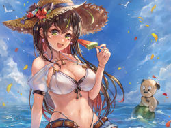 Rule 34 | 1girl, :d, absurdres, ahoge, animal, bare shoulders, bell, belt, bikini, bird, black hair, blue shorts, breasts, brown hat, cleavage, close-up, cloud, collarbone, colored inner hair, denim, denim shorts, dog, falling leaves, flower, food, front-tie bikini top, front-tie top, fruit, green eyes, halterneck, hand up, hat, hat flower, hat ribbon, hibiscus, highleg, highleg bikini, highres, holding, holding food, large breasts, leaf, long hair, looking at viewer, multicolored hair, navel, off shoulder, open fly, open mouth, original, popsicle, ribbon, seagull, short shorts, shorts, sky, smile, solo, stomach, straw hat, streaked hair, string bikini, swimsuit, water, watermelon, watermelon bar, yahiro (heartseek000)