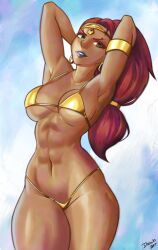 Rule 34 | 1girl, absurdres, armpits, arms behind head, bikini, breasts, cleavage, dracksart, green eyes, highres, large breasts, legs, lipstick, long hair, looking at viewer, makeup, navel, nintendo, pointy ears, red hair, smile, solo, swimsuit, the legend of zelda, thick thighs, thighs, thong bikini, toned, urbosa