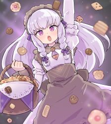 Rule 34 | 1girl, apron, basket, braided sidelock, brown apron, cookie, dress, fire emblem, fire emblem: three houses, fire emblem heroes, food, frilled dress, frills, highres, holding, holding basket, kutabireta neko, looking at viewer, lysithea von ordelia, lysithea von ordelia (tea party), maid, maid headdress, nintendo, official alternate costume, official alternate hairstyle, open mouth, purple eyes, solo, teeth, upper body, upper teeth only, white dress, white hair