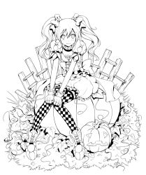 Rule 34 | 1girl, bad id, bad pixiv id, greyscale, halloween, jack-o&#039;-lantern, lineart, long hair, looking at viewer, ml.e, monochrome, nami (mangabullet), original, sitting, smile, thighhighs, twintails