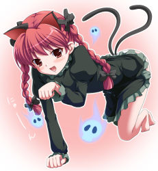 Rule 34 | 1girl, barefoot, blush, braid, cat tail, fang, female focus, ghost, gotou jin, kaenbyou rin, paw pose, red eyes, red hair, soles, solo, tail, touhou, twin braids