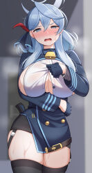 Rule 34 | 1girl, absurdres, ako (blue archive), bell, black gloves, blue archive, blue eyes, blue hair, blurry, blush, breasts, cleavage, commentary request, depth of field, earrings, garter straps, gloves, gun, hair between eyes, hairband, half gloves, handgun, heavy breathing, highres, jewelry, large breasts, long hair, long sleeves, looking at viewer, neck bell, nekojima, pencil skirt, sidelocks, skirt, solo, sweat, visible air, weapon