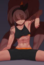 Rule 34 | 1girl, abs, armpits, bea (pokemon), black hairband, breasts, closed eyes, closed mouth, commentary request, creatures (company), dark-skinned female, dark-skinned male, dark skin, game freak, grey background, grey hair, gym leader, hair between eyes, hairband, muscular, muscular female, navel, nintendo, pokemon, pokemon swsh, putcher, short hair, simple background, sitting, sleeveless, spread legs, unconscious