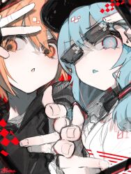 2girls a.i._voice adachi_rei adjusting_eyewear amane_amu_(artist) baseball_cap black_hat black_hoodie blue_eyes blue_hair eyewear_on_head hat hatsune_miku highres hood hoodie long_hair looking_at_viewer low_twintails multiple_girls open_mouth sunglasses the_hole_(utau) twintails upper_body utau vocaloid white_hoodie