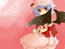 Rule 34 | 1girl, ass, bad id, bad pixiv id, bow, comic, dress, female focus, gradient background, hammer (sunset beach), hat, large bow, light purple hair, looking back, red eyes, remilia scarlet, short hair, silent comic, sitting, smile, solo, touhou, wings, wrist cuffs