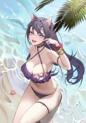 Rule 34 | 1girl, :d, absurdres, animal ears, arm strap, bare shoulders, beach, bikini, black hair, blue eyes, blush, bracelet, breasts, cat ears, cleavage, collarbone, commission, day, gold, gold bracelet, hand up, highres, jewelry, large breasts, long hair, looking at viewer, lqawsed1425, nail polish, navel, open mouth, original, purple bikini, skindentation, smile, solo, swimsuit, thigh strap, very long hair, wet