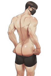 Rule 34 | 1boy, ass, back, bara, black hair, black male underwear, highres, looking at viewer, male focus, male underwear, male underwear pull, mask, mouth mask, muscular, muscular male, naoki (xhju8282), original, short hair, simple background, solo, thick thighs, thighs, underwear, white background