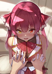 Rule 34 | 1girl, cleavage, commentary request, gloves, heterochromia, highres, holding hands, hololive, houshou marine, houshou marine (1st costume), interlocked fingers, long hair, looking at viewer, nyaa28, pov, red eyes, red hair, see-through, see-through cleavage, solo, twintails, virtual youtuber, white gloves, yellow eyes