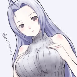 Rule 34 | 00s, 1girl, ahoge, bare shoulders, blue hair, blush, breasts, brown eyes, covered erect nipples, female focus, grey background, idolmaster, idolmaster (classic), idolmaster 1, large breasts, long hair, looking at viewer, miura azusa, shimano natsume, simple background, smile, solo, sweater vest, very long hair