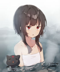 Rule 34 | 1girl, absurdres, bare shoulders, bathing, brown hair, cat, chomusuke, collarbone, commentary request, highres, jitome, kono subarashii sekai ni shukufuku wo!, megumin, naked towel, nut megu, onsen, partially submerged, red eyes, short hair with long locks, signature, solo, towel, triangle mouth, twitter username, water
