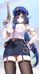 Rule 34 | 1girl, absurdres, belt, black bow, black garter straps, black thighhighs, blue eyes, blue hair, blue necktie, blue skirt, bow, breasts, brown belt, clorinde (genshin impact), closed mouth, collared shirt, commentary, cowboy shot, cuffs, dark blue hair, earrings, foxyreine, garter straps, genshin impact, gloves, gun, hair bow, hand on own hip, handcuffs, hat, highres, holding, holding gun, holding weapon, jewelry, large breasts, light blush, long hair, looking at viewer, multicolored hair, necktie, police, police hat, police uniform, policewoman, pouch, purple eyes, shirt, signature, skirt, solo, standing, streaked hair, thighhighs, thighs, two-tone eyes, underboob, uniform, weapon, white gloves, white shirt