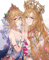 Rule 34 | 2girls, bare shoulders, blonde hair, blue cape, blue eyes, blue ribbon, blush, breasts, cape, chain, cleavage, collarbone, constellation, crossover, crown, dress, europa (fate), europa (granblue fantasy), fate/grand order, fate (series), flower, gradient background, granblue fantasy, grin, hair between eyes, hair flower, hair ornament, hair ribbon, highres, holding hands, large breasts, long hair, long sleeves, looking at viewer, multiple girls, name connection, open mouth, purple eyes, ribbon, short hair, smile, sparkle, star (sky), tiara, very long hair, waltz (tram), white background, white dress, white ribbon