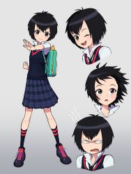 Rule 34 | 1girl, ;d, annoyed, backpack, bag, black hair, brown eyes, clenched hand, closed mouth, full body, highres, looking at viewer, marvel, necktie, one eye closed, open mouth, peni parker, pleated skirt, school uniform, short hair, skirt, smile, solo, spider-man: into the spider-verse, spider-man (series), spider-verse, standing, sweater, sweater vest, yoshi (moco1)