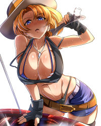 Rule 34 | 1girl, american flag bikini, belt, bikini, black gloves, black thighhighs, blonde hair, blue eyes, blush, breasts, buckle, cleavage, d:, fingerless gloves, flag print, gloves, hat, highres, jewelry, large breasts, looking at viewer, magukappu, open mouth, original, pendant, revision, short hair, shorts, simple background, solo, swimsuit, thighhighs, white background, wrench