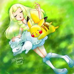 Rule 34 | 1girl, absurdres, alolan form, alolan vulpix, blonde hair, creatures (company), dress, game freak, gen 1 pokemon, gen 7 pokemon, highres, lillie (pokemon), lying, nap, nintendo, on grass, pikachu, pokemon, pokemon (anime), pokemon (creature), pokemon sm (anime), rutoharo (saowdmm), white dress