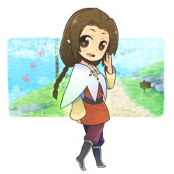 Rule 34 | 1girl, arm up, boots, braid, brown eyes, brown hair, capelet, copyright name, earrings, english text, jewelry, long hair, looking back, maora oto, maora otou, nintendo, orielle, pants, path, pointy ears, road, sign, skirt, smile, solo, the legend of zelda, the legend of zelda: skyward sword, waving