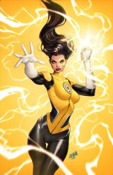 Rule 34 | 1girl, alternate costume, black bodysuit, bodysuit, breasts, brown hair, clenched hand, david nakayama, dc comics, gloves, green lantern (series), highres, initial, jessica cruz, long hair, looking at viewer, magic, medium breasts, red lips, sinestro corps, solo, two-tone bodysuit, white gloves, yellow background, yellow bodysuit, yellow eyes, yellow lantern