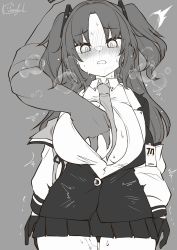 Rule 34 | 1girl, ^^^, blue archive, blush, grabbing another&#039;s breast, breasts, collared shirt, grabbing, grabbing from behind, greyscale, id card, jacket, kasagland, large breasts, long hair, looking at viewer, monochrome, necktie, open clothes, open jacket, open mouth, parted bangs, pleated skirt, shirt, sidelocks, signature, skirt, steam, sweat, two side up, white shirt, yuuka (blue archive)