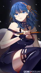 Rule 34 | 1girl, bare shoulders, black background, black dress, black thighhighs, blue eyes, blue hair, breasts, byleth (female) (fire emblem), byleth (fire emblem), chocojax, commentary, cosplay, dagger, dress, earrings, feet out of frame, fire emblem, fire emblem: three houses, hairband, highres, holding, holding dagger, holding knife, holding weapon, jewelry, knife, large breasts, looking at viewer, medium hair, nail polish, nintendo, pencil dress, pink lips, solo, spy x family, stiletto (weapon), thighhighs, thighs, weapon, yor briar, yor briar (cosplay)