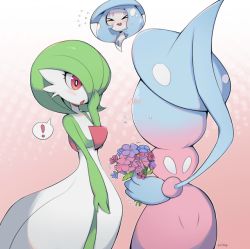 Rule 34 | !, &gt; &lt;, :o, blush, bouquet, commentary, creature, creatures (company), english commentary, flower, game freak, gardevoir, gen 3 pokemon, gen 8 pokemon, gradient background, hatterene, holding, holding bouquet, holding flower, interspecies, looking at another, milka (milk4ppl), nintendo, pokemon, pokemon (creature), pokephilia, red eyes, signature, speech bubble, spoken exclamation mark, standing, trembling, upper body, yuri