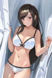 Rule 34 | 1girl, bikini, black hair, breasts, cleavage, collarbone, cowboy shot, curtain grab, curtains, dated, earrings, final fantasy, final fantasy vii, hands up, highres, jewelry, large breasts, long hair, looking at viewer, navel, red eyes, ruyimaobao, signature, smile, solo, stomach, swimsuit, thigh gap, thighs, tifa lockhart, very long hair, white bikini, zhazhupai24