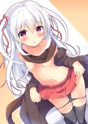 Rule 34 | 1girl, :o, black panties, black scarf, black shirt, black thighhighs, blush, breasts, collarbone, commentary request, dutch angle, groin, hair between eyes, hair ribbon, head tilt, hinata yuu (atelierhinata), long hair, looking at viewer, navel, original, panties, panty pull, parted lips, pleated skirt, pussy juice, red eyes, red ribbon, red skirt, ribbon, scarf, shirokami project, shirt, silver hair, skirt, small breasts, solo, thighhighs, two side up, underwear, very long hair