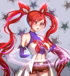 Rule 34 | 1girl, alternate breast size, alternate costume, alternate hair color, blush, breasts, cowboy shot, elbow gloves, female focus, gloves, grey background, highres, jinx (league of legends), league of legends, long hair, magical girl, navel, red hair, shorts, solo, standing, star guardian (league of legends), star guardian jinx, twintails, very long hair