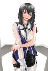 Rule 34 | 10s, 1girl, black hair, breasts, brown eyes, gloves, haguro (kancolle), haguro kai ni (kancolle), hair ornament, highres, kantai collection, nujima, open mouth, see-through, skirt, smile, solo, standing, torn clothes, wet
