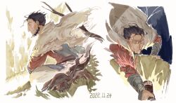 Rule 34 | 1boy, absurdres, ankle grab, arm support, bags under eyes, beard, black hair, branch, capelet, dated, facial hair, from side, grabbing, hair slicked back, highres, leg grab, looking afar, made in abyss, male focus, multiple views, parted lips, profile, red shirt, sandals, sansanpai, shirt, short hair, sitting, skirt, smile, wazukyan (human), white capelet, white skirt, yellow eyes