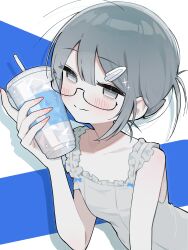 Rule 34 | 1girl, absurdres, bare arms, bare shoulders, blue background, blue bow, blush, bow, closed mouth, commentary, cup, disposable cup, dress, drink, drinking straw, english commentary, fang, frilled dress, frills, glasses, grey dress, grey eyes, grey hair, hair ornament, hairclip, hand up, highres, holding, holding drink, ice, ice cube, leaning forward, looking at viewer, myomuron, nail polish, original, pink nails, short hair, sidelocks, simple background, skin fang, sleeveless, sleeveless dress, solo, sparkle, split mouth, two-tone background, upper body