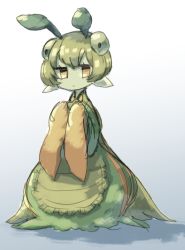 Rule 34 | 1girl, antennae, apron, arthropod girl, closed mouth, colored skin, dress, extra eyes, gradient background, green dress, green hair, green skin, grey background, highres, jitome, looking at viewer, mantis girl, monster girl, okame nin, original, pointy ears, short hair, solo, yellow eyes