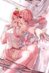 Rule 34 | 1girl, absurdres, bare shoulders, cherry blossoms, cherry hair ornament, commentary, detached sleeves, feet out of frame, flower, food-themed hair ornament, foreshortening, hair ornament, hatsune miku, highres, holding, holding flower, light blush, long hair, looking at viewer, lying, lying on water, miniskirt, momyong, nail polish, necktie, on side, open mouth, outstretched arm, pink eyes, pink flower, pink hair, pink nails, pink necktie, pink skirt, pink sleeves, pink thighhighs, pleated skirt, pouring, sakura miku, shirt, sideways, skirt, sleeveless, sleeveless shirt, smile, solo, thighhighs, twintails, very long hair, vocaloid, water, white shirt, zettai ryouiki