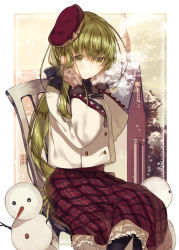 Rule 34 | 1girl, beret, black pantyhose, blush, buttons, cecilia (shiro seijo to kuro bokushi), chair, church, closed mouth, double-breasted, green eyes, green hair, hands up, hat, kazutake hazano, long hair, looking at viewer, mittens, pantyhose, plaid, plaid skirt, purple skirt, shiro seijo to kuro bokushi, sitting, skirt, snowman, solo, tareme, wide sleeves