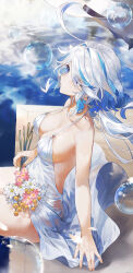 Rule 34 | 1girl, absurdres, backless dress, backless outfit, bare arms, blue eyes, blue hair, breasts, bubble, cleavage, closed mouth, commentary request, cowboy shot, cowlick, dress, flower, from side, furina (genshin impact), genshin impact, hat, highres, holding, holding flower, large breasts, light blue hair, long hair, medium breasts, multicolored hair, sideboob, sitting, sleeveless, sleeveless dress, solo, spaghetti strap, streaked hair, swkl:d, unworn hat, unworn headwear, water, white dress, white hat