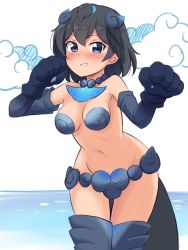 Rule 34 | 1girl, absurdres, adapted costume, animal hands, bare shoulders, black eyes, black gloves, black hair, blush, breasts, clenched teeth, cloud, commentary, cosplay, cowboy shot, elbow gloves, gloves, groin, hair between eyes, head wings, highres, jewelry, kemono friends, leaning forward, looking at viewer, medium breasts, navel, necklace, paw gloves, shiisaa right, shiisaa right (cosplay), shiraha maru, short hair, solo, stomach, superb bird-of-paradise (kemono friends), tail, teeth, thigh gap, thighhighs, wings