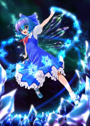Rule 34 | 1girl, absurdres, blue eyes, blue hair, bow, character name, cirno, dress, dress shirt, embellished costume, fang, flying, hair bow, highres, ice, ice wings, mary janes, matching hair/eyes, nail polish, open mouth, ribbon, shirt, shoes, short hair, smile, socks, solo, touhou, urufu, wings