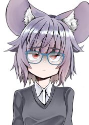 Rule 34 | 1girl, absurdres, animal ear fluff, animal ears, bespectacled, blue-framed eyewear, blush, breasts, closed mouth, collared shirt, commentary request, empty eyes, expressionless, ginger ale (syouga 6383), glasses, grey hair, grey sweater, highres, looking at viewer, mouse ears, mouse girl, nazrin, portrait, shaded face, shirt, short hair, simple background, small breasts, solo, sweater, touhou, white background, white shirt