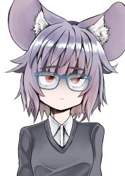 1girl absurdres animal_ear_fluff animal_ears bespectacled blue-framed_eyewear blush breasts closed_mouth collared_shirt commentary_request empty_eyes expressionless ginger_ale_(syouga_6383) glasses grey_hair grey_sweater highres looking_at_viewer mouse_ears mouse_girl nazrin portrait shaded_face shirt short_hair simple_background small_breasts solo sweater touhou white_background white_shirt