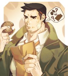 Rule 34 | ?, ace attorney, artist name, bandages, black hair, chocolate, coffee beans, commentary, dick gumshoe, doughnut, english commentary, envelope, facial hair, food, goatee stubble, green jacket, highres, jacket, laulaubi, male focus, manila envelope, muscular, necktie, object behind ear, pencil, sideburns, sideburns stubble, simple background, solo, stubble, sweatdrop, thought bubble, upper body