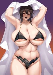 Rule 34 | 1girl, abs, absurdres, areola slip, bare shoulders, beach, bikini, blush, breasts, brown eyes, brown hair, cleavage, collarbone, cowboy shot, hakai shin, highres, huge breasts, looking at viewer, navel, open mouth, original, plump, pubic hair, short hair, smile, solo, swimsuit, thighs