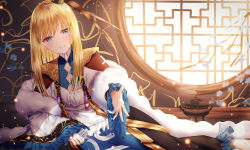 Rule 34 | 1girl, absurdres, blonde hair, blue dress, blue eyes, blue flower, blurry, blurry background, blush, chinese clothes, commentary request, depth of field, dress, fate (series), flower, fur collar, hair between eyes, highres, indoors, junpaku karen, long hair, long sleeves, looking at viewer, lord el-melloi ii case files, parted lips, reaching, reaching towards viewer, reines el-melloi archisorte, reines el-melloi archisorte (third ascension), round window, smile, smoke, solo, sunlight, wide sleeves, window