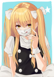 Rule 34 | 1girl, 7saki, alternate hairstyle, bad id, bad pixiv id, black dress, blonde hair, blue background, blush, dress, hand up, highres, kirisame marisa, long hair, looking at viewer, mask, mouth mask, no headwear, simple background, solo, surgical mask, touhou, twintails, upper body, very long hair, yellow eyes