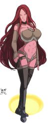Rule 34 | 1girl, abs, boots, breasts, choker, colored skin, detached sleeves, dialia, eudetenis, highres, huge breasts, jedi, long hair, original, pouch, red hair, red skin, simple background, solo, star wars, thigh boots, thigh pouch, thighhighs, very long hair, white background, yellow eyes, zeltron