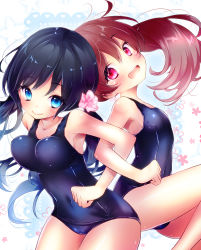 Rule 34 | 2girls, back-to-back, black hair, blue eyes, bouncing breasts, breasts, brown hair, highres, locked arms, long hair, mintsu (ichi--kun), multiple girls, one-piece swimsuit, original, ponytail, red eyes, school swimsuit, shiny clothes, small breasts, swimsuit, twintails