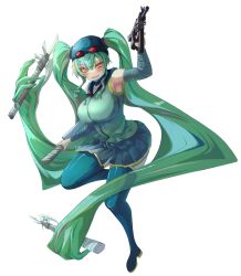 Rule 34 | 1girl, absurdly long hair, alternate breast size, alternate costume, arm up, armpits, blue sailor collar, blue skirt, blush, boots, breasts, club (weapon), commission, eyewear on head, full body, goggles, green hair, green shirt, green thighhighs, grin, gun, hair between eyes, hatsune miku, highres, holding, holding gun, holding weapon, kawasuru (15miclon), large breasts, leg up, long hair, miniskirt, open mouth, orange eyes, pixiv commission, pleated skirt, pp-2000, raised eyebrows, red-tinted eyewear, sailor collar, shirt, sidelocks, simple background, skirt, sleeveless, sleeveless shirt, smile, solo, submachine gun, teeth, thigh boots, thighhighs, tinted eyewear, twintails, very long hair, vocaloid, weapon, white background