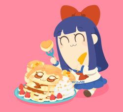 Rule 34 | 1girl, :3, ^ ^, artist name, blue hair, blue sailor collar, blue skirt, blush, blush stickers, bow, brown footwear, character food, closed eyes, closed mouth, commentary request, food, fork, fruit, hair bow, hands up, holding, holding fork, holding knife, knife, long hair, long sleeves, neckerchief, pancake, pink background, pipimi, plate, poptepipic, popuko, red bow, red neckerchief, rizu (rizunm), sailor collar, school uniform, serafuku, shadow, shirt, shoes, sidelocks, simple background, sitting, skirt, smile, socks, solo, strawberry, twitter username, whipped cream, white shirt, white socks