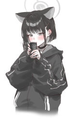 Rule 34 | 1girl, absurdres, animal ears, blue archive, blush, can, canned coffee, cat choker, cat ears, choker, commentary request, drink can, ear blush, eshineko, extra ears, halo, highres, holding, holding can, hood, hooded jacket, jacket, kazusa (blue archive), monochrome, parted lips, short hair, solo, spot color, upper body