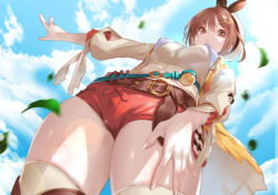 Rule 34 | 1girl, atelier (series), atelier ryza, atelier ryza 1, belt, blush, breasts, brown eyes, brown hair, buckle, day, green322, hair ornament, hairclip, hat, highres, jewelry, looking at viewer, necklace, reisalin stout, short shorts, shorts, sky, solo, standing, thighhighs, thighs