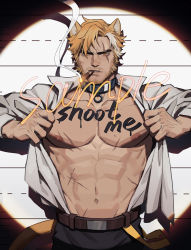 Rule 34 | 1boy, abs, amo (amo9612), animal ears, bara, beard, belt, blonde hair, cigarette, collar, facial hair, highres, large pectorals, light, lion boy, lion ears, lion tail, looking at viewer, male focus, manly, mature male, muscular, muscular male, nipples, open clothes, open shirt, original, pants, pectorals, scar, scar across eye, scar on chest, scar on face, scar on stomach, shirt, smoke, smoking, solo, tail, text focus, yellow eyes